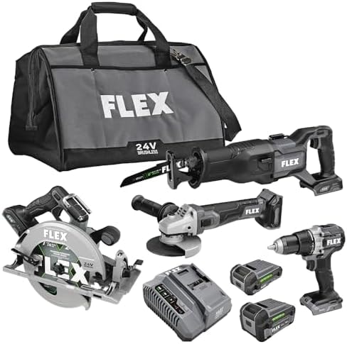 FLEX 24V Brushless Cordless 4-Tool Combo Kit: Circular Saw, Reciprocating Saw, Fixed Speed Angle Grinder, Drill Driver with 2.5 Ah, 5.0Ah Lithium Batteries and 160W Charger - FXM402-2B