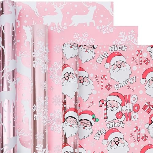 Dlyrroba Christmas Wrapping Paper Roll - 3 Mini Roll - Pink & White Xmas Metallic Foil Gift Wrap with Santa Claus, Snowflake, Reindeer for Holiday Winter Parties - 17in X 120in Per Roll