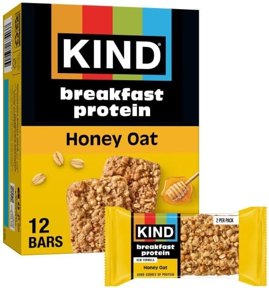 KIND Breakfast Protein Bars, Honey Oat, Gluten Free, Low Sodium, Healthy Snacks, 8g Protein, 6 Count (6 Packs of 2 Bars)
