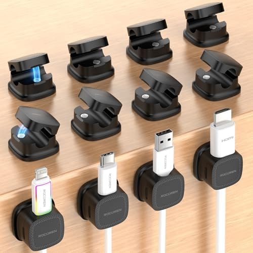 Rocoren 12‑Pack Magnetic 1s‑Lock Adhesive Cable Clips Cord Organizer