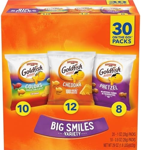 Goldfish Crackers Big Smiles Variety Pack with Cheddar, Colors, and Pretzels, Snack Packs, 30 Ct