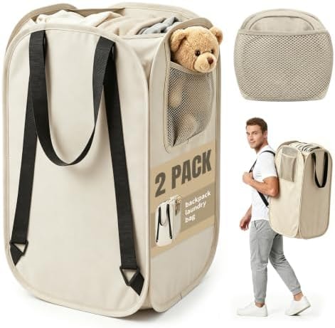 House Again 2 Pack 76L Laundry Backpack, 210D Oxford Heavy Duty Laundry Bag Backpack with Adjustable Shoulder Straps,Foldable Laundry Bag for College Dorm and Travel, Beige