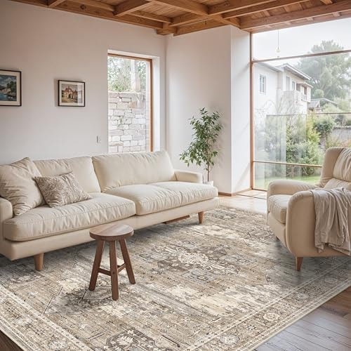 RUUGME Washable 6x9 Area Rug - Vintage Area Rugs with Non Slip Backing Stain Resistant Carpet for Bedroom Dining Room Indoor Soft Carpets Home Decor Decoration Mat for Bathroom 6x9 Beige