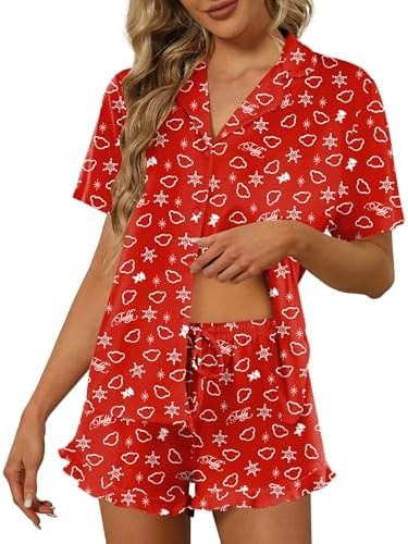 Ekouaer Pajamas Set for Women Short Sleeve Sleepwear Button Down Ruffle Pjs