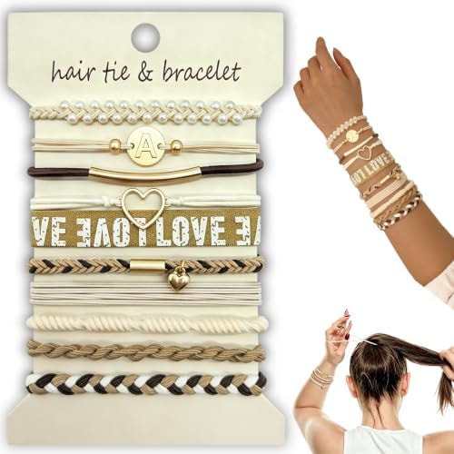 STAUKOK Hair Tie Bracelets for Women, 10 Pack Hair Ties, Initial Letter A
