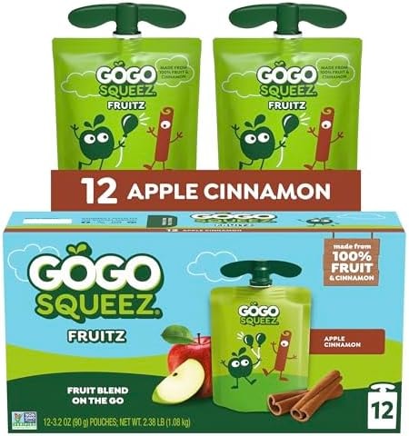 GoGo squeeZ No Sugar Added Applesauce and Fruit Puree, Apple Cinnamon, 3.2 oz Pouches (Pack of 12), Fruit Snacks for Kids, Gluten Free, Nut Free, Recloseable Cap, BPA Free