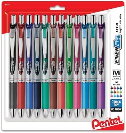Pentel EnerGel RTX Retractable Liquid Gel Pens, (0.7mm), Assorted Colors, Ultimate Writing Pens, Best Writing Pens for Office, School and Journaling, Pack of 12