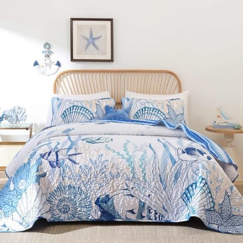 DJY Ocean Coastal Quilt King Size, 3 Pcs Beach Theme Bedspread Coverlet Set