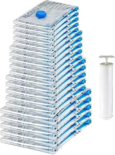 Amazon Basics Vacuum Storage Bags with Hand Pump for Travel, Space Saving Compression Bags for Clothes, Clothing, Blankets and Duvets, Clear, 20 Pack (5 Small, 5 Medium, 5 Large & 5 Jumbo)