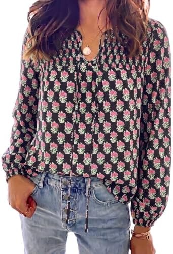 KIRUNDO Boho Tops for Women Trendy 2026 Fall V Neck Floral Peasant Blouse