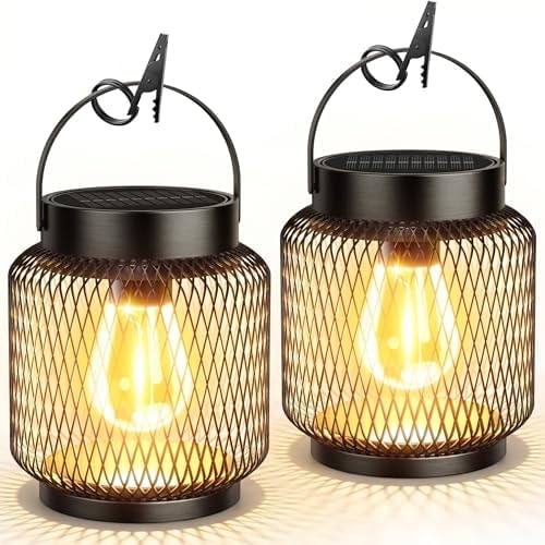KOOPER Metal Solar Lanterns Outdoor Waterproof, 2 Pack Brighter Hanging Solar Lights for Outside, Up to 15 Hours Modern Hanging Solar Powered Lanterns Lights for Yard Patio Path Tree Garden Decorative