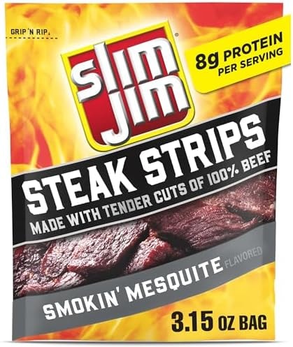 Slim Jim Smoked Steak Strips, Smokin' Mesquite Flavor, 8g Protein Per Serving, 3.15 oz. (1 Count)