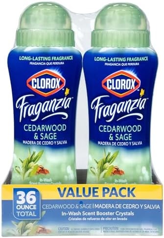 Clorox Fraganzia Laundry Scent Booster Crystals, In-Wash Fragrance Beads for Fresh-Smelling Clothes & Linens, Safe for All Fabrics & Colors, Cedarwood & Sage, 18 Oz, 2 Pack