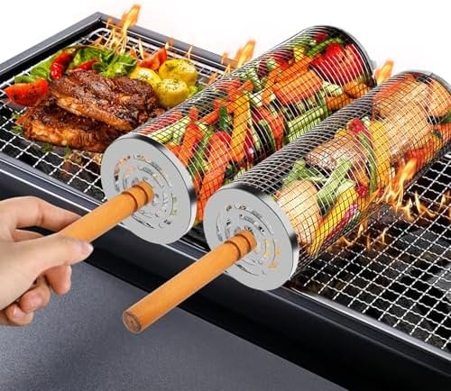 2PCS Nesting Grill Baskets with Removable Wooden Handles(11.8" x 3.9"), 304 Stainless Steel Rolling Barbecue Grill Mesh for Vegetables and Shrimp, BBQ Accessory Gifts for Men, BBQ Net Tube