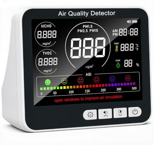 10-in-1 Air Quality Monitor Indoor, PM1.0 PM2.5 PM10 Monitor with HCHO TVOC Temperature Humidity Sensor, Large Display Air Quality Tester with AQI Alert for Home Bedroom Office