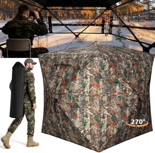 Hunting Blind with Carrying Bag, 270 Degree See Through Ground Blind, Pop Up Hunting Blind Portable Concealed Camouflage Tent for 2-3 Person, Camouflage