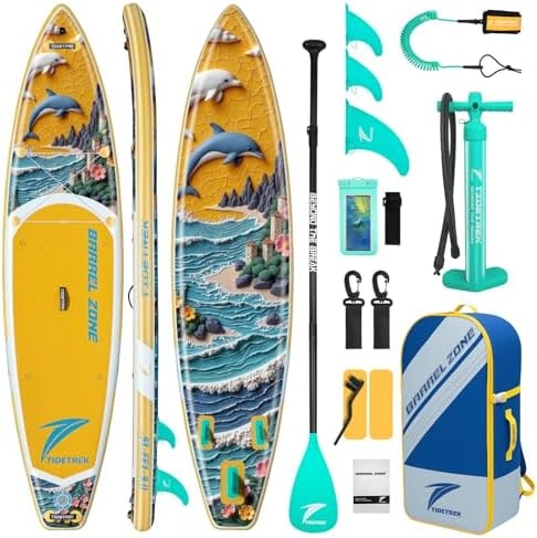 TIDETREK 11'/11'6" x 33"/34" x 6" Inflatable SUP Paddle Board – Extra-Wide, Stable Stand Up Paddle Board with Premium Full Accessory Set for Adults & Youth (Sunny Wave, 11'6"x33"x6")