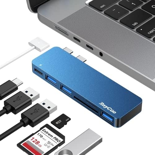 RayCue USB C Hub Adapters for MacBook Pro/MacBook Air M1 M2 M3 2023 2022 2021 2020 2019 13" 14" 15" 16", 6-in-2 Multiport MacBook Adapter with Thunderbolt 3, 3 USB 3.0 Ports, SD/TF Card Reader