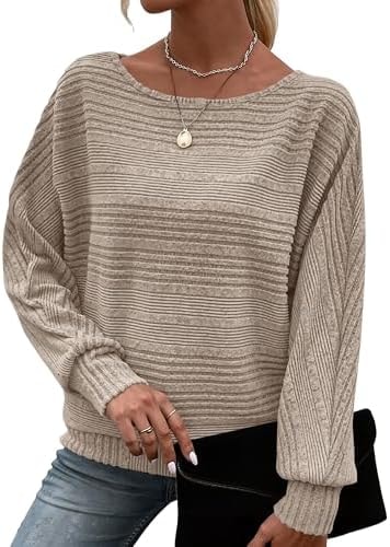 KIRUNDO Sweaters For Women Lightweight Loose Pullover Boat Neck Fall Tops