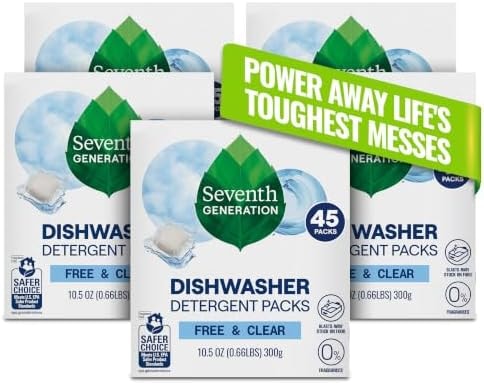 Seventh Generation Dishwasher Packs, Free & Clear, 45 Ct, Pack of 5