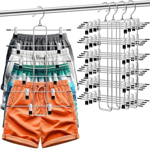 Closet-Organizers-and-Storage,6 Tier Pants-Hangers-Space-Saving,Skirt-Hangers with Clips for Closets Organizer,College-Dorm-Room-Essentials,2 Pack Closet Storage Clothes Shorts Hanger (4 Pack-Silver)