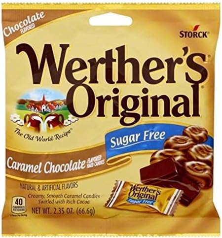 Werther's Original Sugar Free Caramel Chocolate Hard Candies - Individually Wrapped Hard Candies for Halloween, Parties, or Snacks - 2.35 oz Bags (Pack of 2)