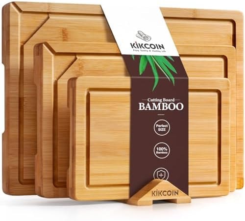 Kikcoin 3+1 Piece Self-Draining Bamboo Cutting Boards, Wooden Cutting Boards for Charcuterie, Vegetables, Cheese, Bread, Extra Large Chopping Boards with Deep Juice Groove and Handle, Natural