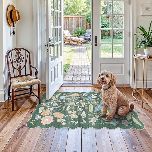 3x5 Washable Rug for Entryway - Non-Slip Scalloped Floral Area Rug Green