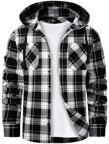 Men's Flannel Hoodie Button Down Plaid Soft Long Sleeve Shirts with Pocket
