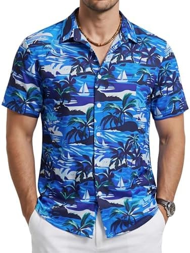 Cotrasen Men's Hawaiian Short Sleeve Button Down Shirts Blue Palm M