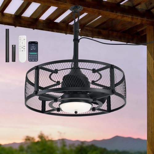 AHAWILL Outdoor Ceiling Fan with Light,20in Gazebo Fan with Remote and APP, 6 Speed,Dimmable 3 Color,Waterproof Cage Fan for Patio,Porch, Pergola,Canopy (graphite black)