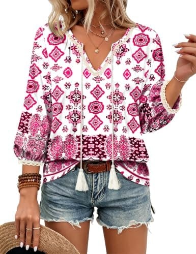 BOHOWE Womens 3/4 Sleeve Cotton Tops V Neck Boho Top 2026 Fall Shirts Cute Flowy Blouse for Women Dressy Casual L HTH1 FL5A3R