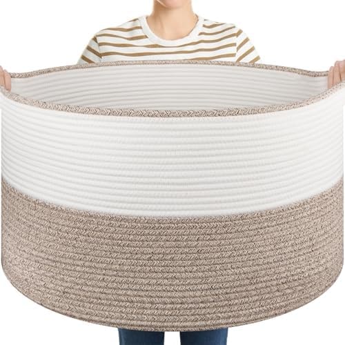 OIASKET Large Blanket Basket with Handles, 22.8" x 22.8" x 13" Woven Storage Basket for Living Room, Cotton Rope Baby Toy Storage for Clothes, Pillows, Towels-Brown & White