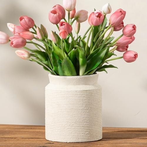 Ceramic Flower Vase 7.5 inch Farmhouse Rustic Vase for Home Decor Handcrafted Pottery Terracotta Vases for Dining Table Decor Fireplace Living Room Bathroom Wedding Centerpiece (M-Off White)