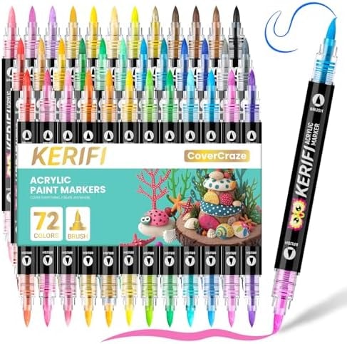 KERIFI Acrylic Paint Markers, Automatic Ink Control Markers for Rock Painting, High Coverage for Multi-Surface Wood Ceramics Metal, DIY Art Crafts Supplies, Christmas Ornaments (36 Count & 72 Colors)