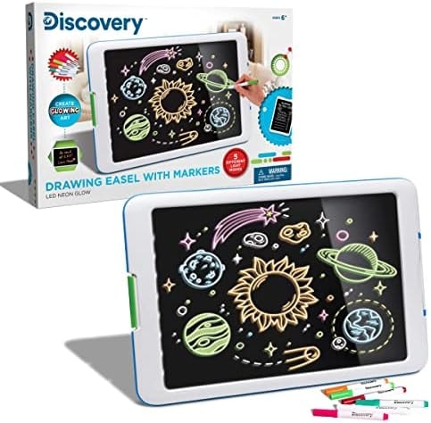 Discovery™ Kids Neon Glow Drawing Easel w/ 6 Color Markers, Built-in Kickstand/Wall Mount, 5 Light Modes, Easy Clean/Washable, Wide Screen, Flat Storage, Portable Travel Activity, Electronic Activity