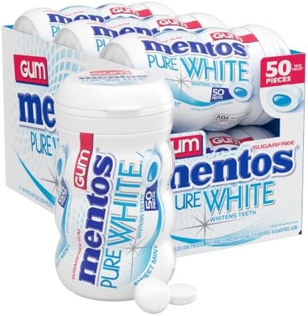 Mentos Pure White Sugar Free Gum, Sweet Mint, 50 Piece Bottle (6 Pack)