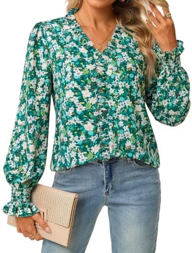 GRACE KARIN Womens Long Sleeve Boho Tops Ruffle Work Blouses Green XL