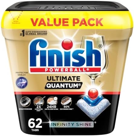 Finish Ultimate Quantum Infinity Shine Dishwasher Pods, New & Improved Formula, Dishwasher Detergent Dish Soap, Removes Burnt-On & Dried-On Stain, Fresh Scent, 62 Count