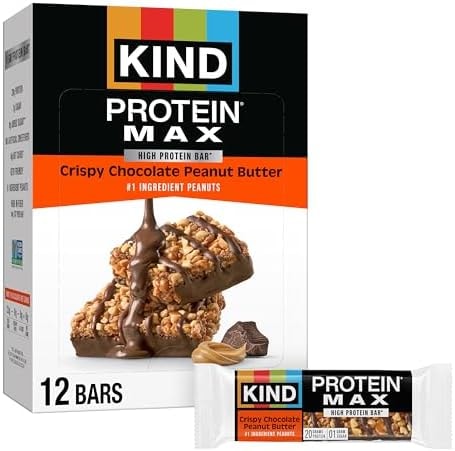 KIND Protein MAX Crispy Chocolate Peanut Butter Snack Bars, 20g of Protein, Keto Friendly, 1g of Sugar Per Bar, Gluten Free, 12 Count Box