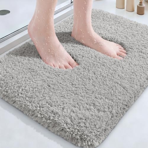 Microfiber Thick Bathroom Rugs, Flurry Non Slip Bath Rug, Ultra Soft Plush Absorbent Bathroom Mat, Machine Washable Luxury Toilet Rug Set, Bath Mat for Tab, Shower and Bathroom, Grey, 24"x17"