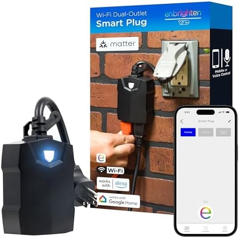 Enbrighten Matter Outdoor Smart Plug, 2 Individual Grounded Outlets, Black