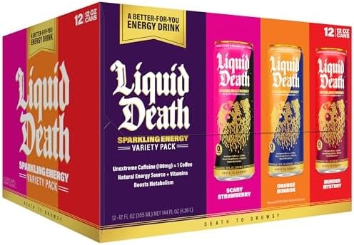 Liquid Death Sparkling Energy Variety Pack, Zero Sugar Energy Drink, Unextreme Caffeine 100mg, Essential Vitamins, 3 Flavors: Strawberry, Orange, and Murder Mystery, 12 Fl Oz (Pack of 12)