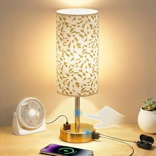 Fitfull Table Lamp, Dimmable Touch, AC Outlet, USB A+C (Triangle&Gold)