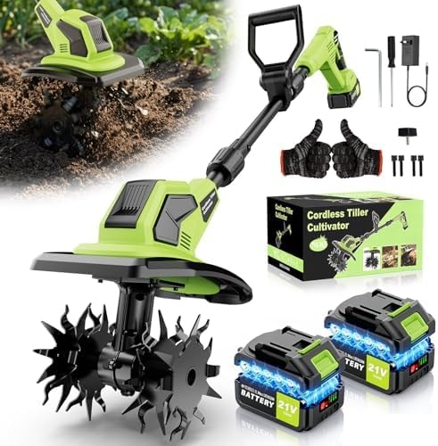 6000mAh Brushless Cordlees Tiller for Gardening,9" Width 7" Depth