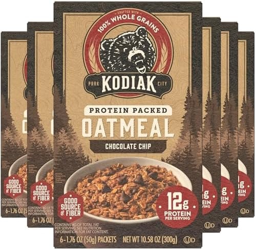 Kodiak Instant Oatmeal Packets, Chocolate Chip, High Protein, 100% Whole Grains, 6 boxes with 6 packets each (36 packets total)