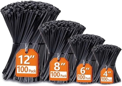 Zip Ties Assorted Sizes(4”+6”+8”+12”), 400 Pack, Black Cable Ties, UV Resistant Wire Ties by ANOSON
