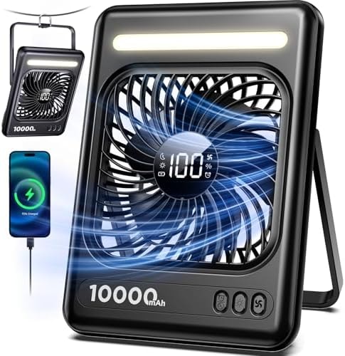 10000mAh Portable Travel Fan, 5 Speeds Strong Wind Cruise Fan with LED Lantern, 24H Runtime Personal Rechargeable Fan, 2/4/6/8H Timer, Ultra-thin Quiet Desk Fan for Camping, Office, Bedroom, Beach