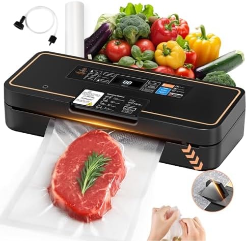 UPRUBE Vacuum Sealer for Food, 95kPa Food Saver Machine, 135W Fast-Sealing with Easy Tear Cutter, Built-in Bag Storage, 9-in-1 Compact with 10 ft Bag Roll