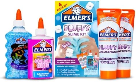 Elmer’s Fluffy Slime Kit, Includes Translucent Color Glue, Glitter Glue, Fluffy Slime Activator, 4 Count - Perfect for Birthday Parties, Summer Fun, Creative Kids Activity